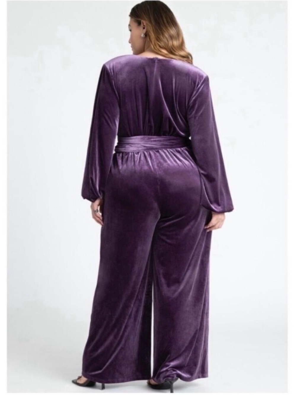 Eloquii Purple Velvet V-Neck Tie Waist Wide Leg Jumpsuit Size 18 - Picture 4 of 4